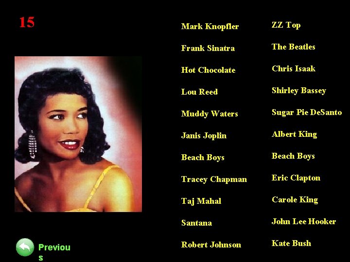 15 Previou s Mark Knopfler ZZ Top Frank Sinatra The Beatles Hot Chocolate Chris