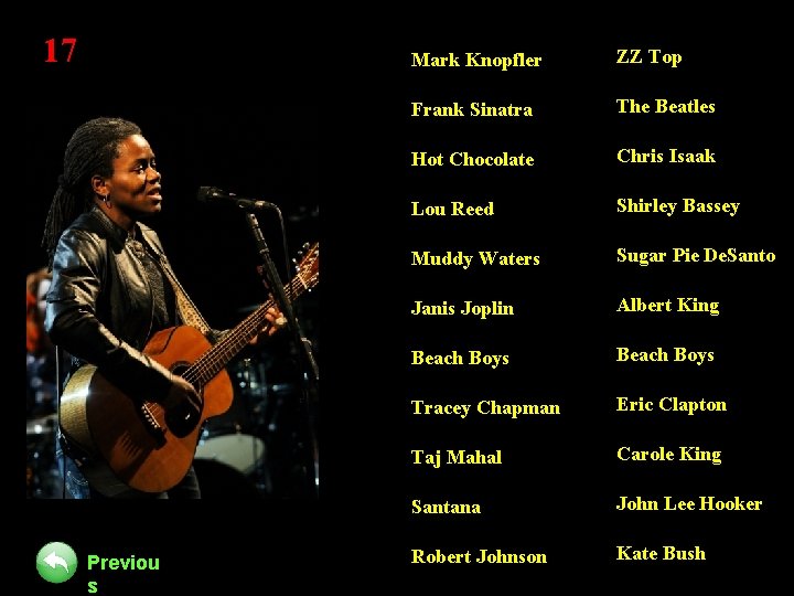 17 Previou s Mark Knopfler ZZ Top Frank Sinatra The Beatles Hot Chocolate Chris