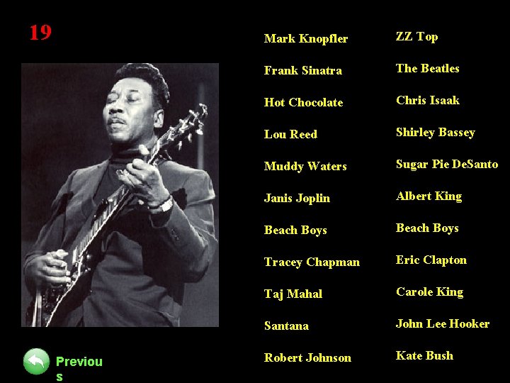 19 Previou s Mark Knopfler ZZ Top Frank Sinatra The Beatles Hot Chocolate Chris