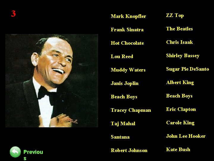 3 Previou s Mark Knopfler ZZ Top Frank Sinatra The Beatles Hot Chocolate Chris