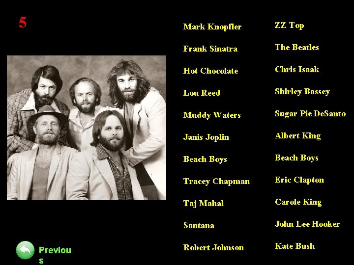5 Previou s Mark Knopfler ZZ Top Frank Sinatra The Beatles Hot Chocolate Chris