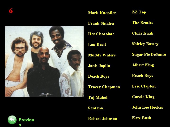 6 Previou s Mark Knopfler ZZ Top Frank Sinatra The Beatles Hot Chocolate Chris