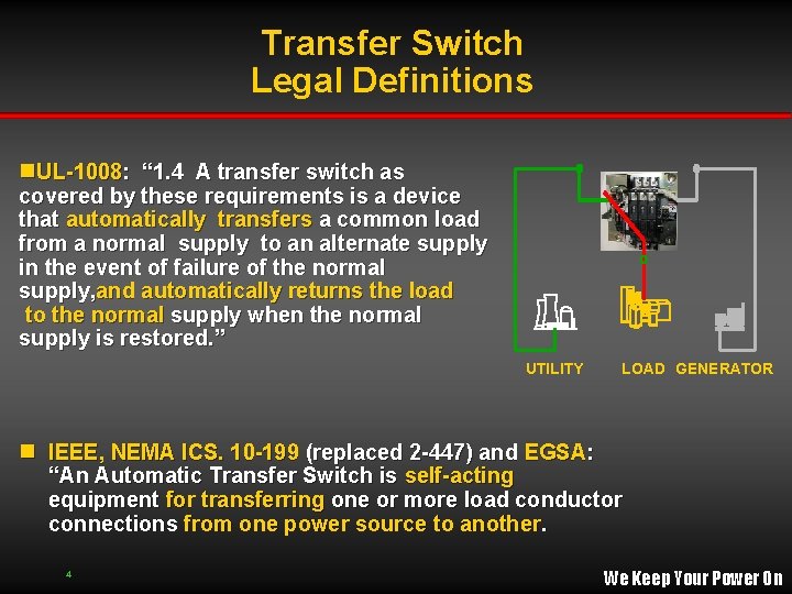 Transfer Switch Legal Definitions n. UL-1008: “ 1. 4 A transfer switch as covered Transfer Switch Legal Definitions n. UL-1008: “ 1. 4 A transfer switch as covered