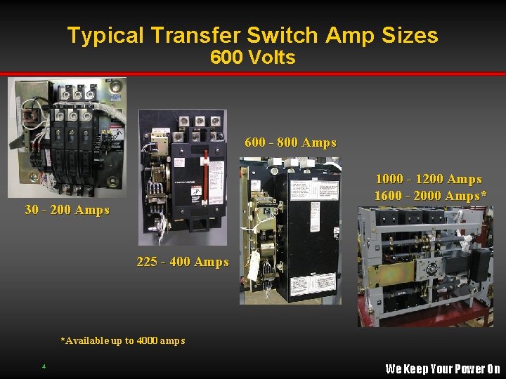Typical Transfer Switch Amp Sizes 600 Volts 600 - 800 Amps 1000 - 1200 Typical Transfer Switch Amp Sizes 600 Volts 600 - 800 Amps 1000 - 1200