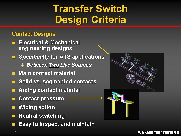Transfer Switch Design Criteria Contact Designs n Electrical & Mechanical engineering designs n Specifically Transfer Switch Design Criteria Contact Designs n Electrical & Mechanical engineering designs n Specifically