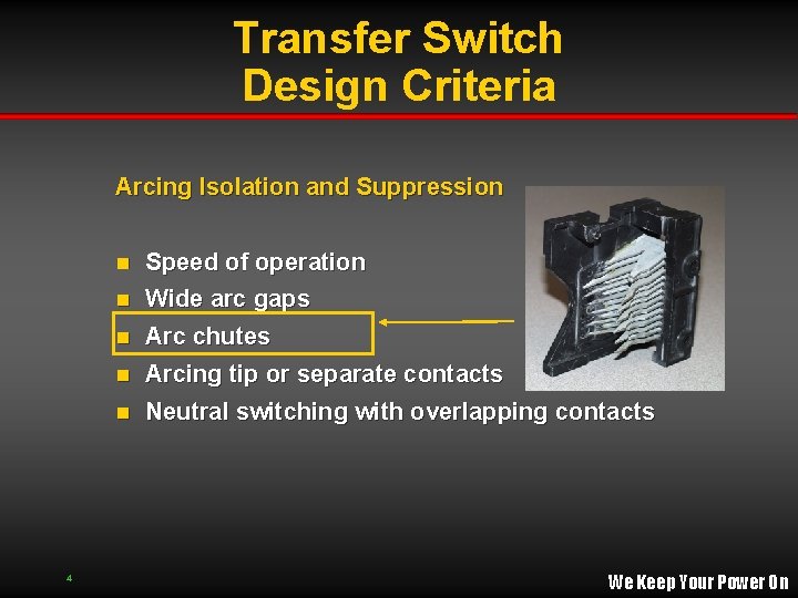 Transfer Switch Design Criteria Arcing Isolation and Suppression Speed of operation n Wide arc Transfer Switch Design Criteria Arcing Isolation and Suppression Speed of operation n Wide arc