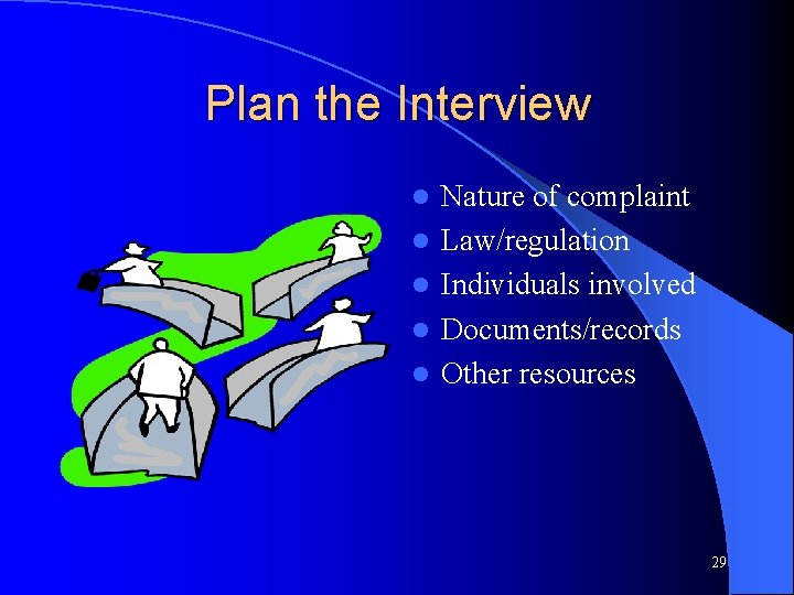 Plan the Interview l l l Nature of complaint Law/regulation Individuals involved Documents/records Other