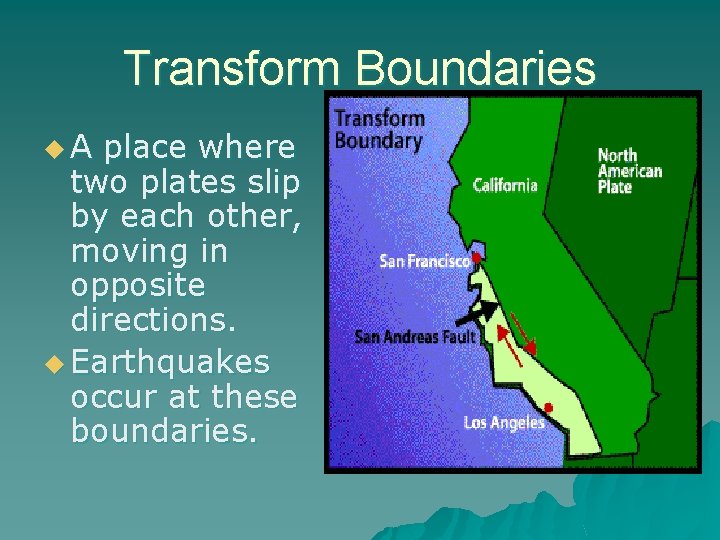 Transform Boundaries u. A place where two plates slip by each other, moving in