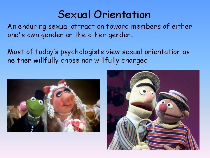 Sexual Orientation An enduring sexual attraction toward members of either one's own gender or