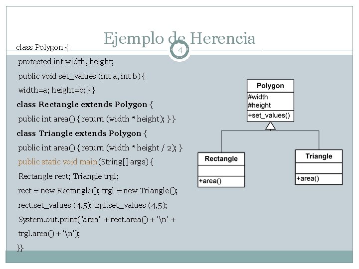 class Polygon { Ejemplo de 4 Herencia protected int width, height; public void set_values class Polygon { Ejemplo de 4 Herencia protected int width, height; public void set_values