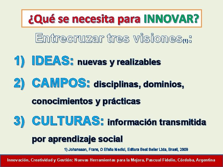 ¿Qué se necesita para INNOVAR? Entrecruzar tres visiones : (1) 1) IDEAS: nuevas y