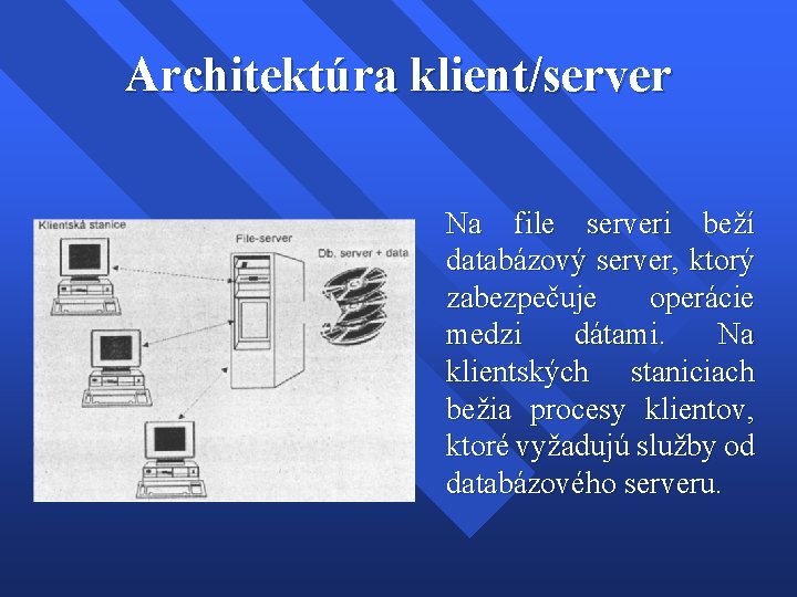 Architektúra klient/server Na file serveri beží databázový server, ktorý zabezpečuje operácie medzi dátami. Na