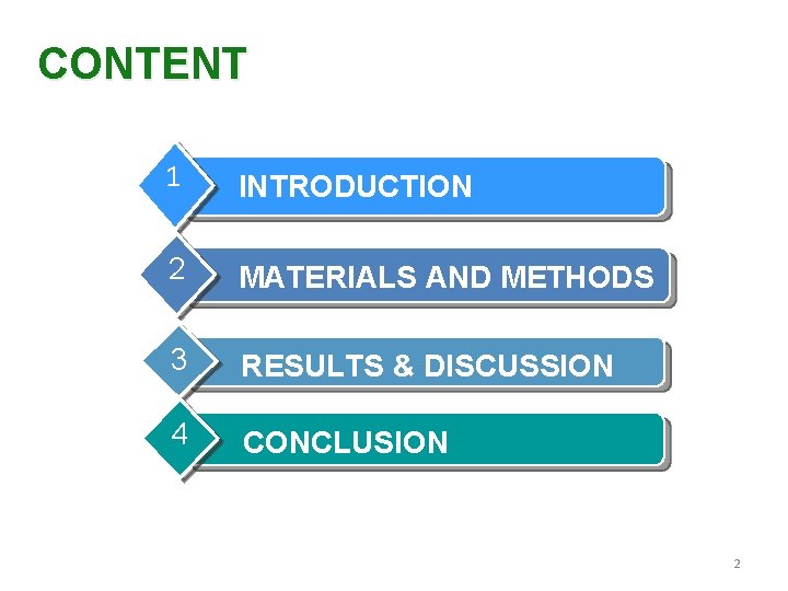 CONTENT 1 INTRODUCTION 2 MATERIALS AND METHODS 3 RESULTS & DISCUSSION 4 CONCLUSION 2