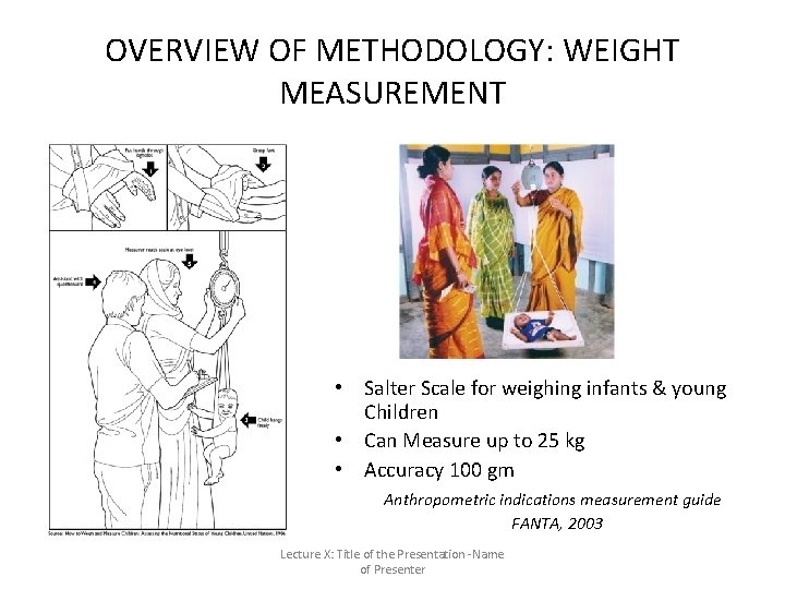 OVERVIEW OF METHODOLOGY: WEIGHT MEASUREMENT • Salter Scale for weighing infants & young Children OVERVIEW OF METHODOLOGY: WEIGHT MEASUREMENT • Salter Scale for weighing infants & young Children