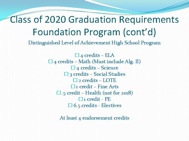 Class of 2020 Graduation Requirements Foundation Program (cont’d) Distinguished Level of Achievement High School