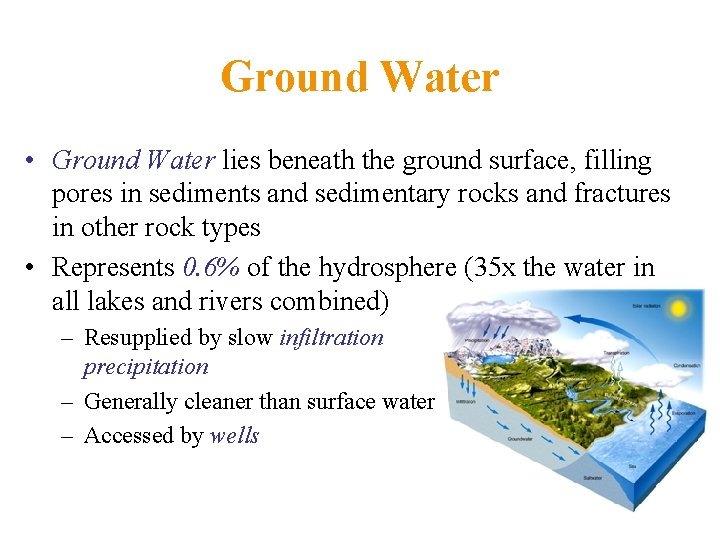 Ground Water • Ground Water lies beneath the ground surface, filling pores in sediments
