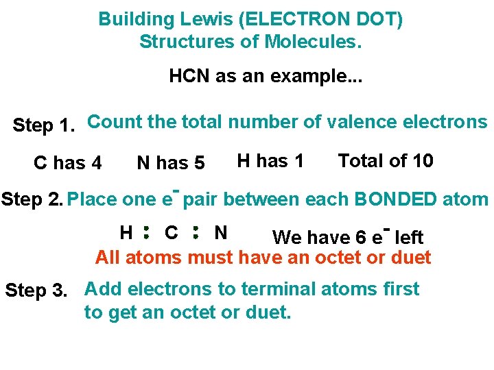 Building Lewis (ELECTRON DOT) Structures of Molecules. HCN as an example. . . Step