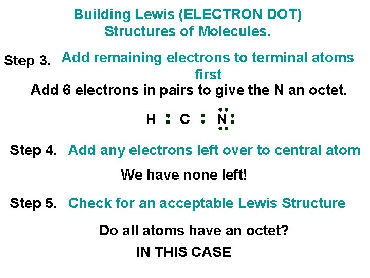 Building Lewis (ELECTRON DOT) Structures of Molecules. Step 3. Add remaining electrons to terminal