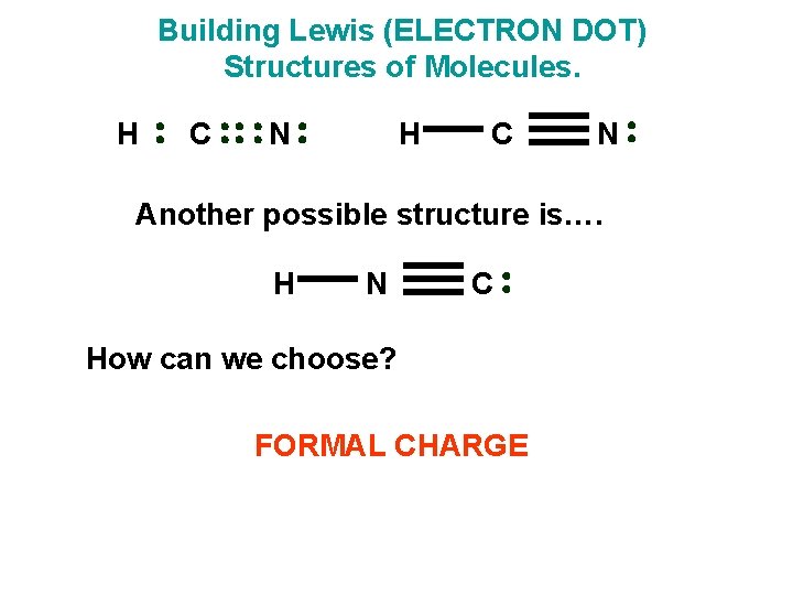 Building Lewis (ELECTRON DOT) Structures of Molecules. H C N Another possible structure is….