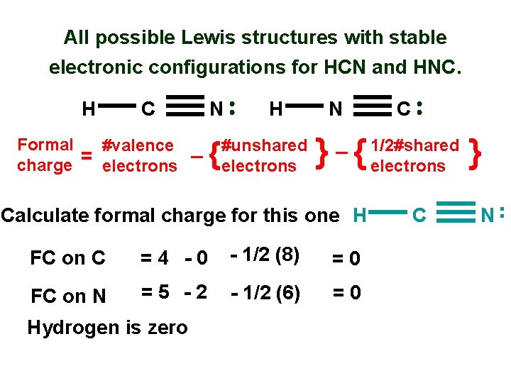 All possible Lewis structures with stable electronic configurations for HCN and HNC. H C