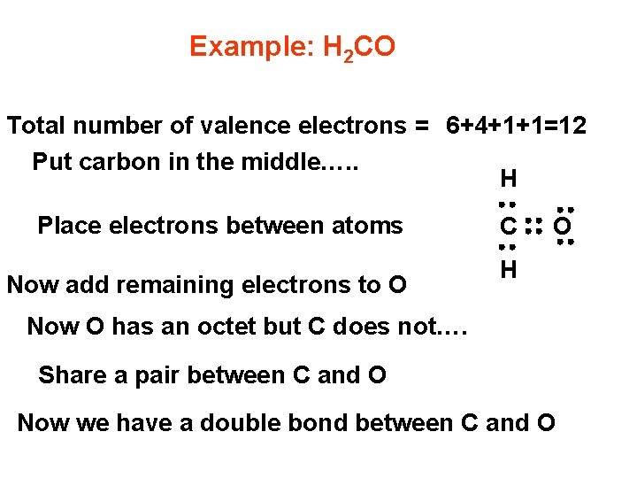 Example: H 2 CO Total number of valence electrons = 6+4+1+1=12 Put carbon in