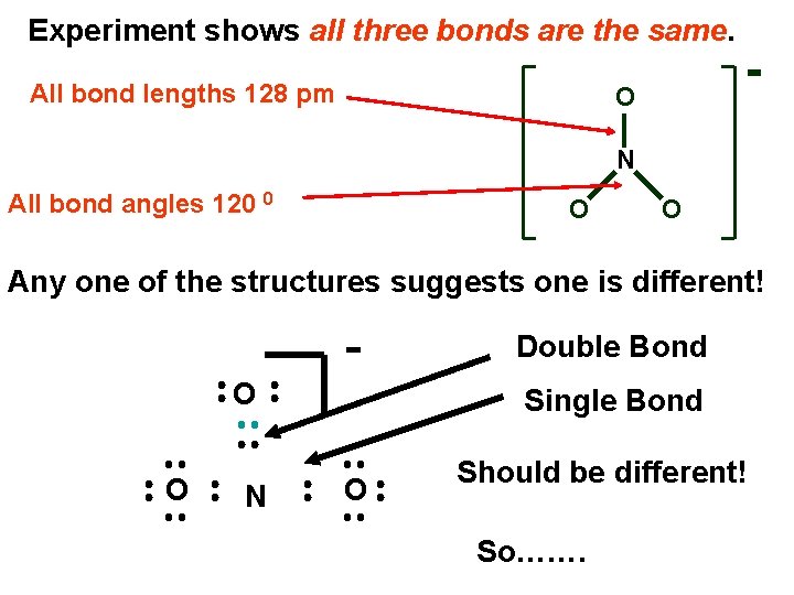 Experiment shows all three bonds are the same. All bond lengths 128 pm O