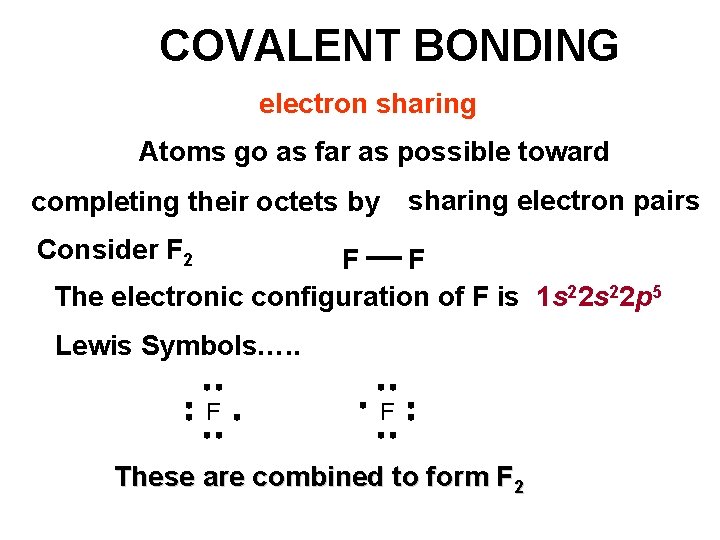 COVALENT BONDING electron sharing Atoms go as far as possible toward sharing electron pairs