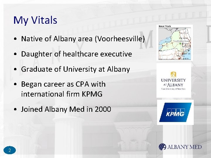 My Vitals • Native of Albany area (Voorheesville) • Daughter of healthcare executive • My Vitals • Native of Albany area (Voorheesville) • Daughter of healthcare executive •