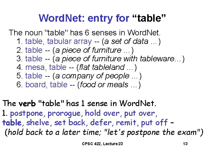 Word. Net: entry for “table” The noun "table" has 6 senses in Word. Net.