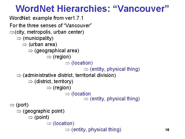 Word. Net Hierarchies: “Vancouver” Word. Net: example from ver 1. 7. 1 For the