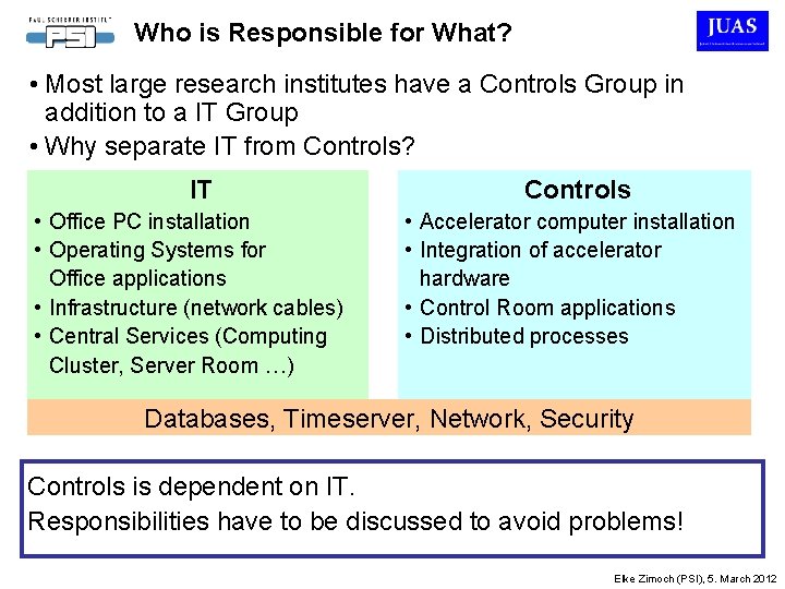 Who is Responsible for What? • Most large research institutes have a Controls Group