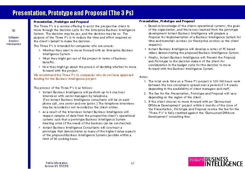 Presentation, Prototype and Proposal (The 3 Ps) IBI Software Vendors Introduction Presentation, Prototype and