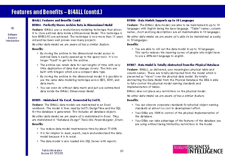 Features and Benefits – BI 4 ALL (contd. ) IBI Software Vendors Introduction BI