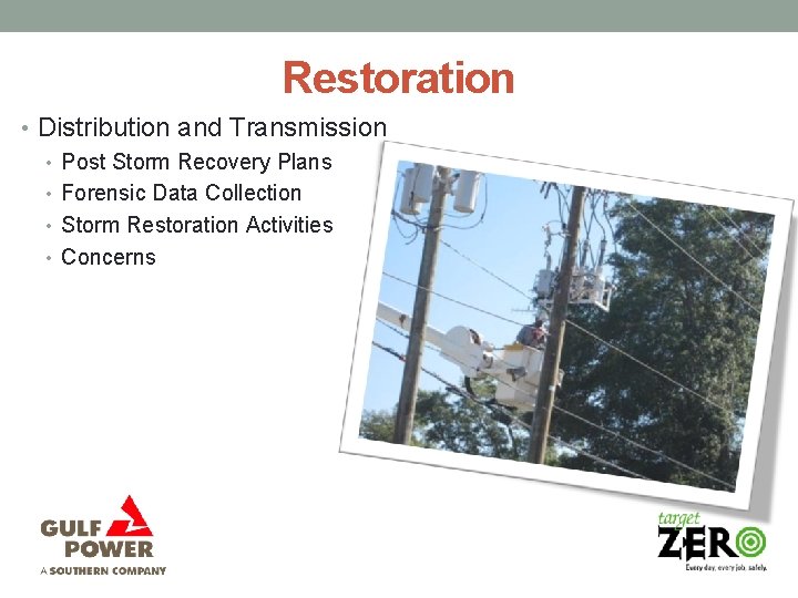 Restoration • Distribution and Transmission • Post Storm Recovery Plans • Forensic Data Collection