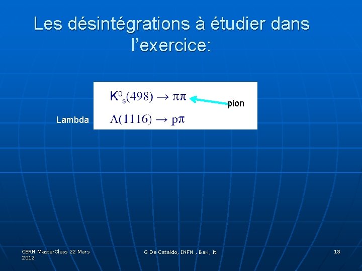 Les désintégrations à étudier dans l’exercice: pion Lambda CERN Master. Class 22 Mars 2012