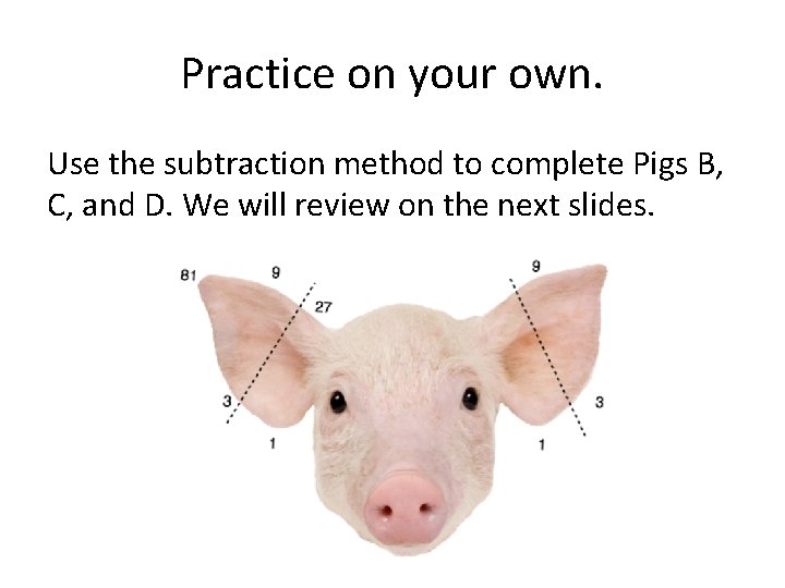 Practice on your own. Use the subtraction method to complete Pigs B, C, and