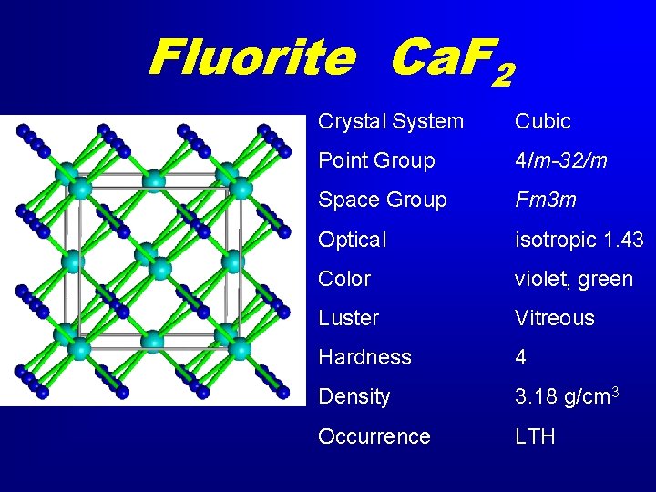 Fluorite Ca. F 2 Crystal System Cubic Point Group 4/m-32/m Space Group Fm 3
