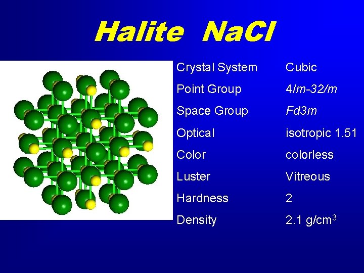 Halite Na. Cl Crystal System Cubic Point Group 4/m-32/m Space Group Fd 3 m