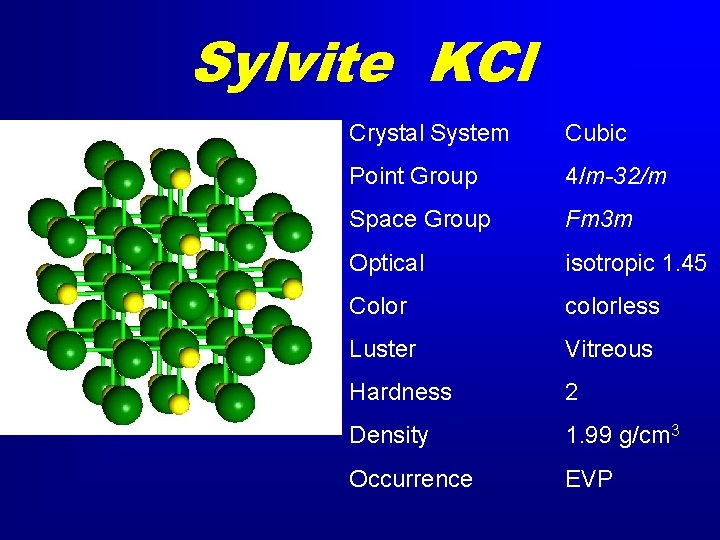 Sylvite KCl Crystal System Cubic Point Group 4/m-32/m Space Group Fm 3 m Optical