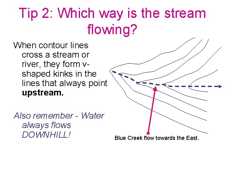 Tip 2: Which way is the stream flowing? When contour lines cross a stream