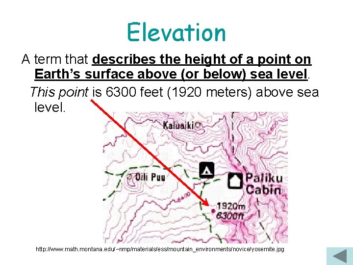 Elevation A term that describes the height of a point on Earth’s surface above