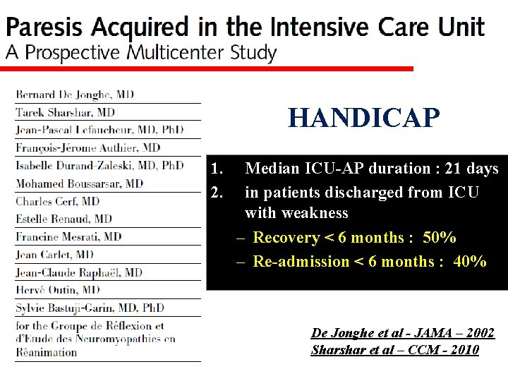 HANDICAP 1. 2. Median ICU-AP duration : 21 days in patients discharged from ICU