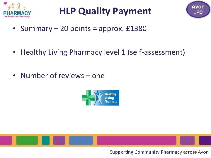 HLP Quality Payment • Summary – 20 points = approx. £ 1380 • Healthy