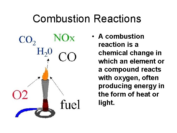 Combustion Reactions • A combustion reaction is a chemical change in which an element
