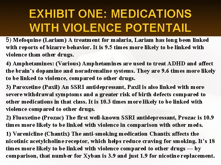 EXHIBIT ONE: MEDICATIONS WITH VIOLENCE POTENTAIL 5) Mefoquine (Lariam) A treatment for malaria, Lariam