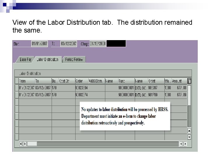 View of the Labor Distribution tab. The distribution remained the same. 