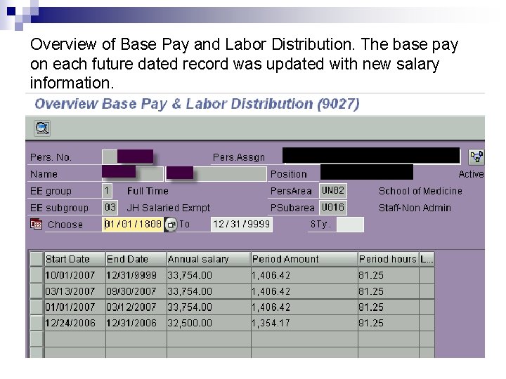 Overview of Base Pay and Labor Distribution. The base pay on each future dated
