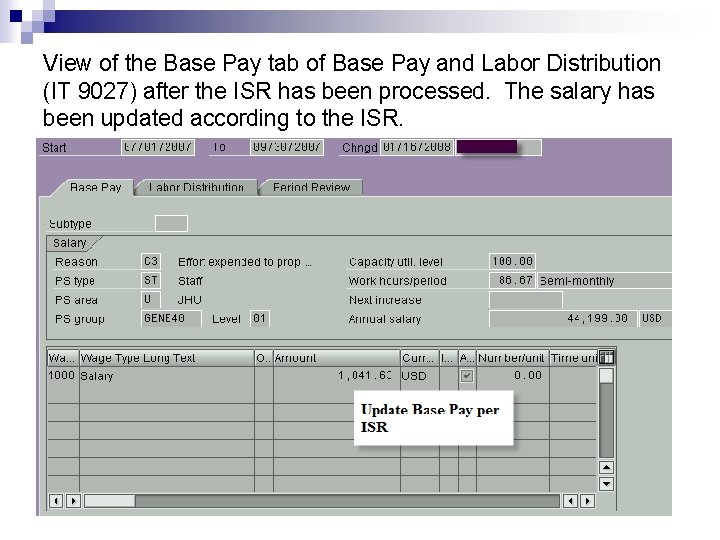View of the Base Pay tab of Base Pay and Labor Distribution (IT 9027)