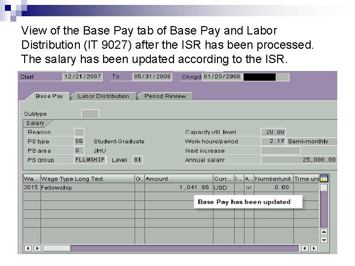 View of the Base Pay tab of Base Pay and Labor Distribution (IT 9027)