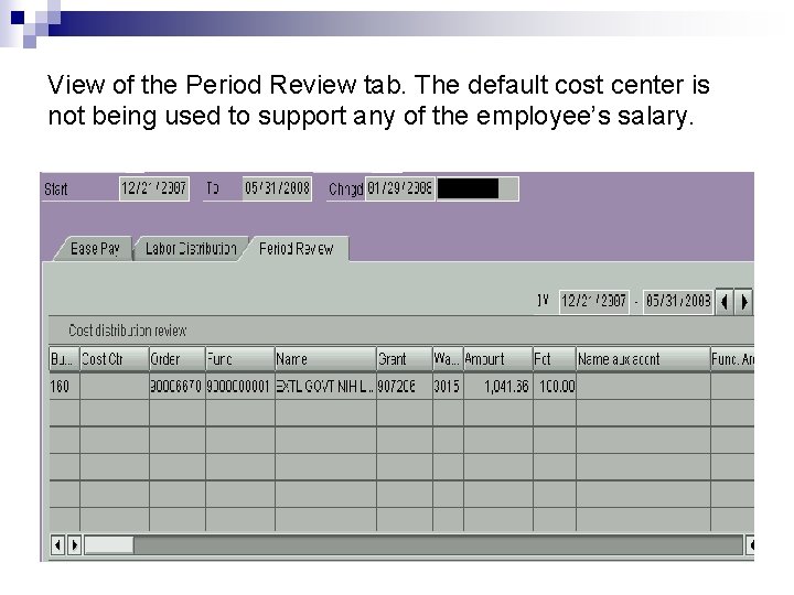 View of the Period Review tab. The default cost center is not being used